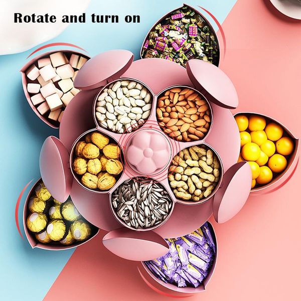 

dishes & plates petal-shaped rotating dual layer snack serving tray sectional candy nut box with phone holder gr5