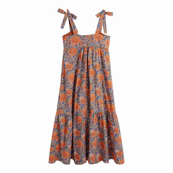 

skirts vintage v-neck sleeveless women sling dress fresh pastoral stitching printing holiday style chic female midi dresses, Black