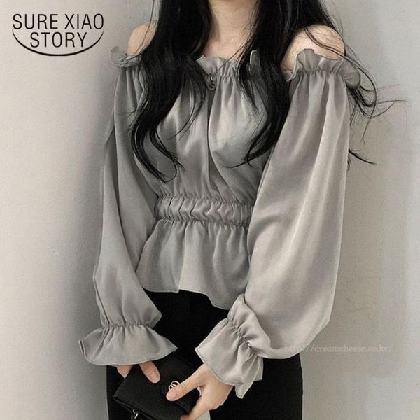 

women's blouses & shirts slash-neck fashion 2021 flared sleeve shirt lady comfort strapless women blouse waist slimming blusas muj, White