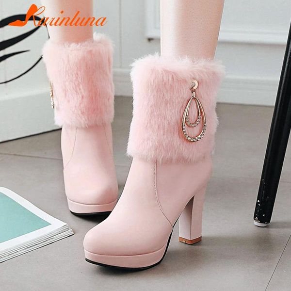 

boots drop women shoes 2021 fashion short plush pink sweet girls spike heels round toe ankle, Black