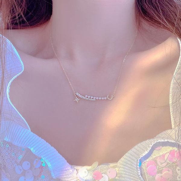 

chains niche design star moon small pearl zircon necklace for female choker luxury exquisite clavicle chain pendant necklaces jewelry, Silver
