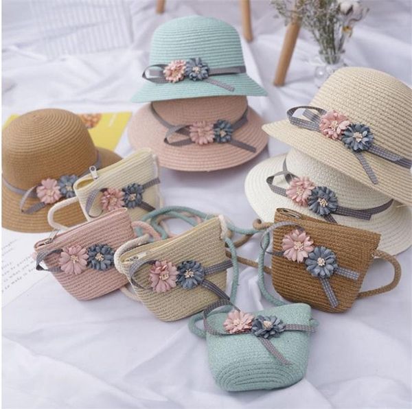 

children's fresh flower straw hat cool sun bag set children caps & hats, Yellow