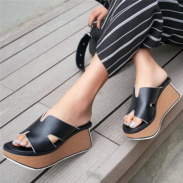 

punk slippers women genuine leather platform wedges high heel gladiator sandals female open toe party pumps shoes chic, Black