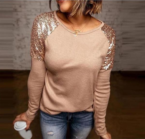 

women's t-shirt women 2021 autumn long sleeve patchwork sequins loose casual shirts elegant ladies streetwear tees blusas mujer, White