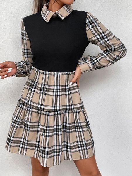 

plaid print ruffle hem 2 in 1 dress x9nb#, Black;gray