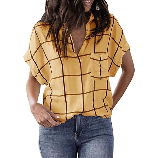 

women's blouses & shirts summer women fashion casual short sleeve plaid turn down collar female loose t-shirts, White