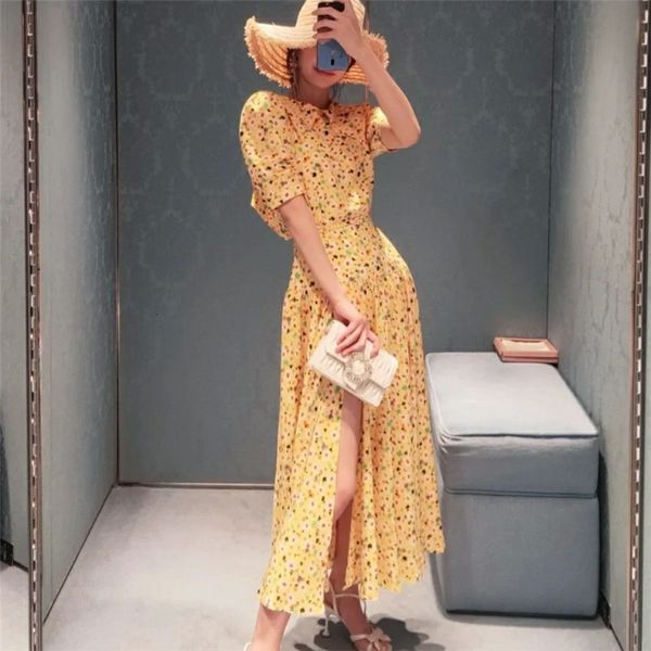

dresses cross bandage blackless 2021 summer short sleeve side slit split midi yellow floral dress kawaii clothes, Black;gray
