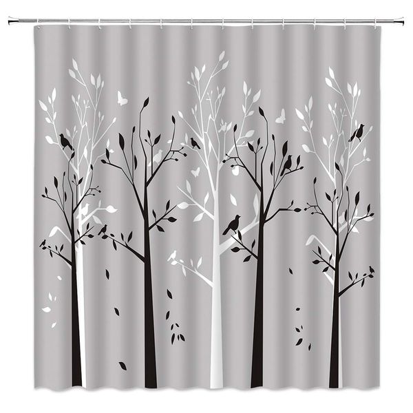

grey tree shower curtain decor birds on trees leaf abstract forest nature black white fabric bath curtains bathroom accessories