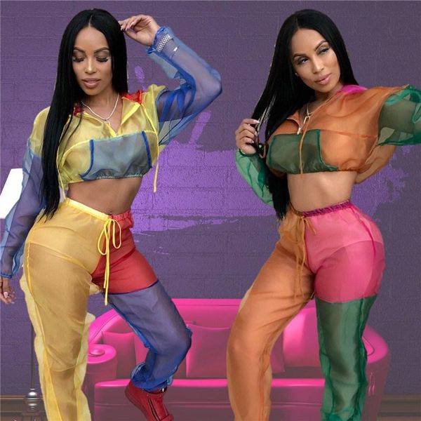 

women's tracksuits 2021 autumn colorful patchwork two piece sets women organza long sleeve crop hoodies and pants tracksuit, Gray