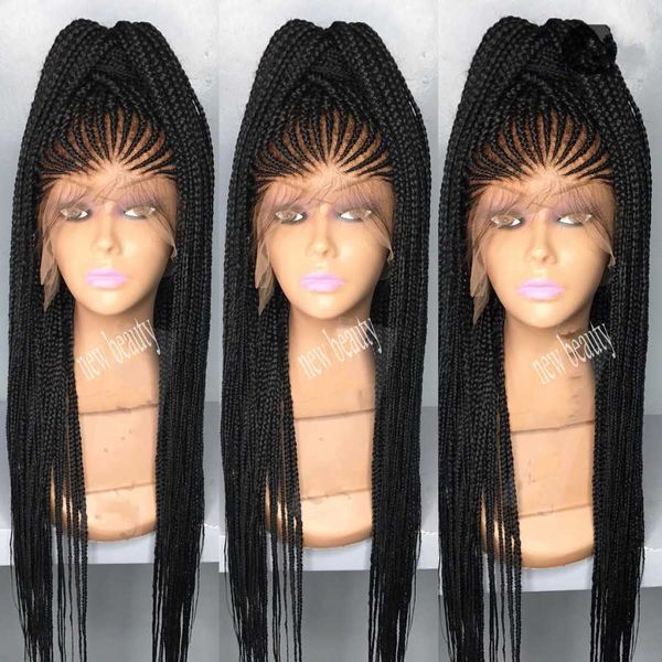 

africa women style cornrows braid long 200density micro s with baby hair jumbo braid lace frontal wig, Black