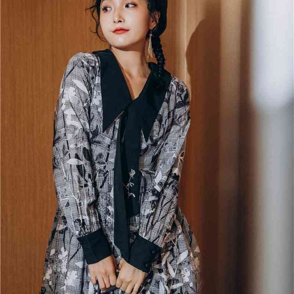 

casual dresses vintage long sleeve pleated women floral print bow tunic mini collar shirt autumn fall fashion tcs0, Black;gray