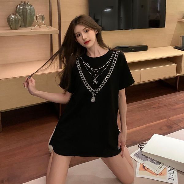 

women's t-shirt hong kong style black diamond short-sleeved women 2021 summer loose mid-length large size round neck shirt short sleeve, White