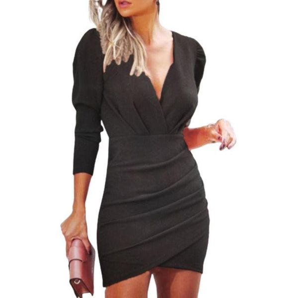 

women fashion deep v neck long sleeve waist tight bodycon pleated mini dress casual dresses, Black;gray