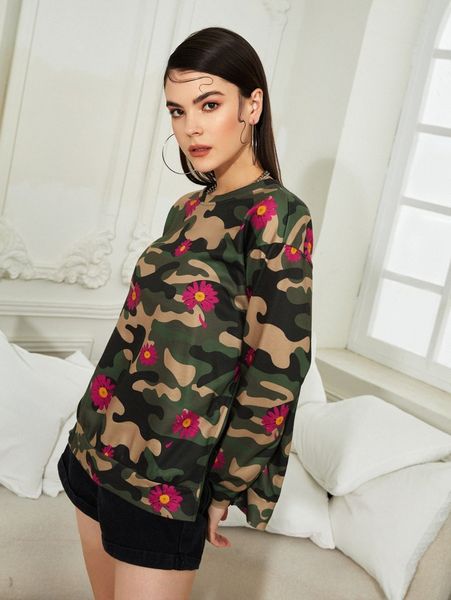 

x imperfect drop shoulder floral print camo pullover g8rg#, White;black