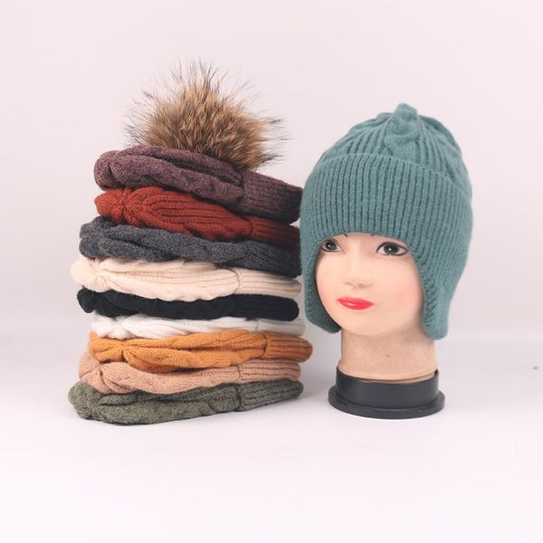 

beanies trendy men women knitted hat fashion pattern thick warm ear tab ski winter beanie skullies cap with real pompom