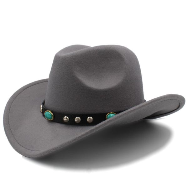 

cloches men wool hollow western cowboy hat roll-up wide brim gentleman jazz sombrero hombre cowgirl cap with punk belt size 56-58cm, Blue;gray