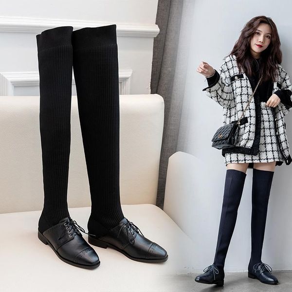 

boots genuine leather knitting over the knee high shoes woman women autumn party office basic low heels, Black