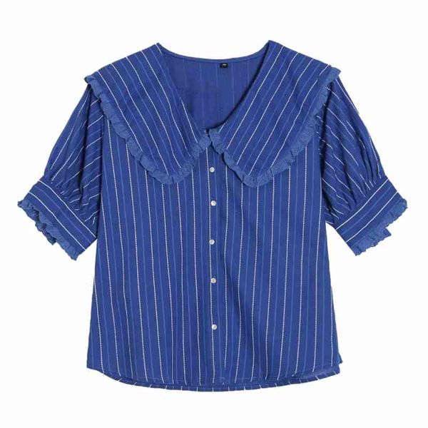 

summer women ruffle peter pan collar striped shirt female puff sleeve blouse casual lady loose blusas s8907 210430, White