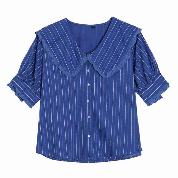 Mulheres Verão Mulheres Ruffle Peter Pan Collar Listrado Camisa Fêmea Buff Manga Blusa Casual Lady Tops Blusas S8907 210430