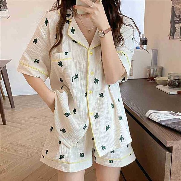 Damasco chique casual impresso plantas homewear mulheres sleepwear pijama ternos de algodão verão todos os conjuntos soltos sets 210525