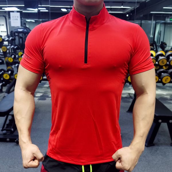 

summer men zipper t-shirt gym running training fitness bodybuilding casual sport white cotton short sleeve male tees, Black;blue