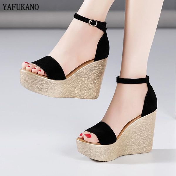 

summer wedges increase platform women sandals muffin thick bottom high heels ankle buckle peep toe plus size 32 33 42 43, Black