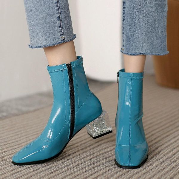 

boots 2021 autumn sheepskin women ankle fashion crystal thick high heel zipper short ladies square toe winter shoes, Black