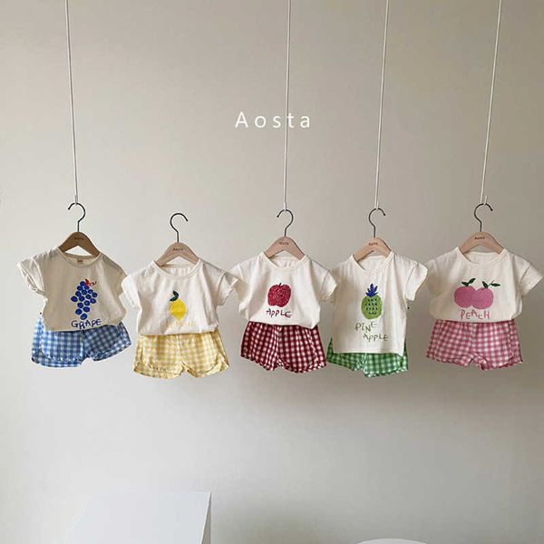 

lovely fruit baby boy girls summer cotton outfit 2pcs clothing toddler plaid shorts and white funcy clothes set 210529