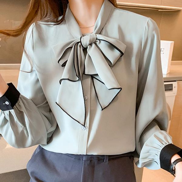 

women's blouses & shirts long sleeve women shirt blouse blusas mujer de moda 2021 elegantes bow collar chiffon blusa e577, White