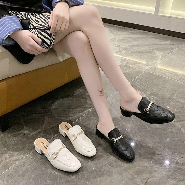 

slip on slippers women mules shoes woman gold metal chain brand design square high heels casual slides, Black