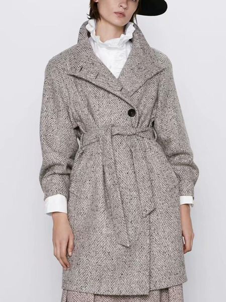 

women's wool & blends puwd vintage woman long wool&blends coat 2021 fashion ladies winter adjustable waist jacket female turtleneck coa, Black