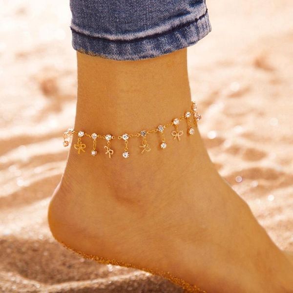 

anklets bowknot rhinestone charm tassel chain women's anklet bracelet summer beach women jewelry, Red;blue
