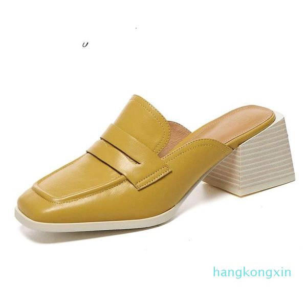 

sandals genuine leather square toe high street fashion solid simple style british school slip on women shoes, Black