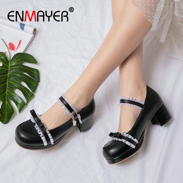 

dress shoes enmayer casual round toe pu buckle strap mary jane square heel sweet spring/autumn turned-over edge womens 34-43, Black