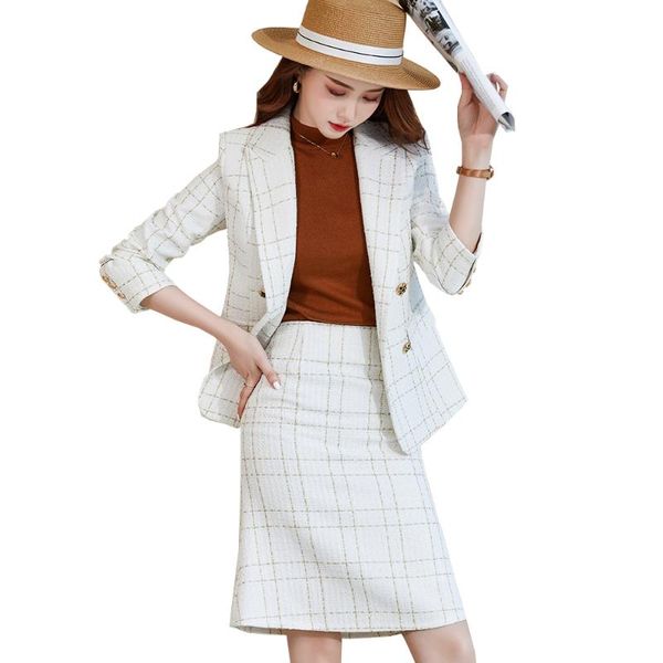 

two piece dress elegant winter ladies blazer and skirt suit of slim business work wear white black plaid formal 2 set