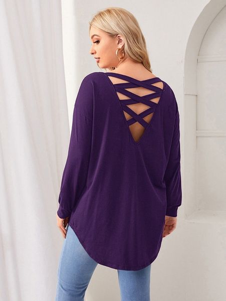 

plus crisscross back dip hem tee 458v#, Black