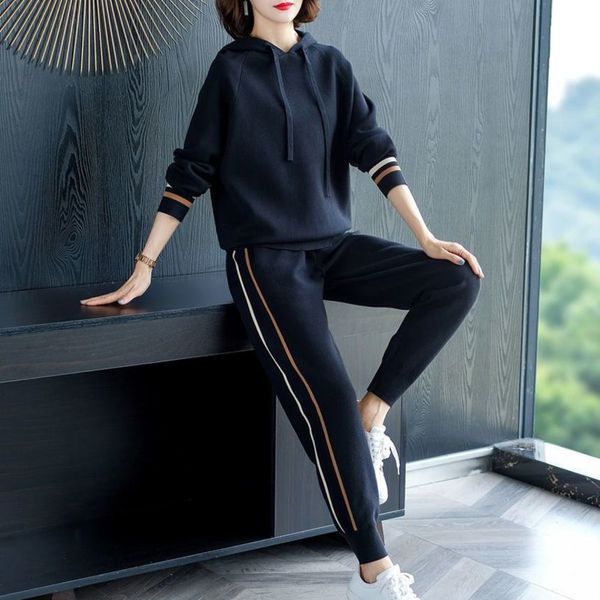 

sports leisure suit women's autumn winter korean version loose and thin temperament fashion trend hooded sweater two-piece set, Gray