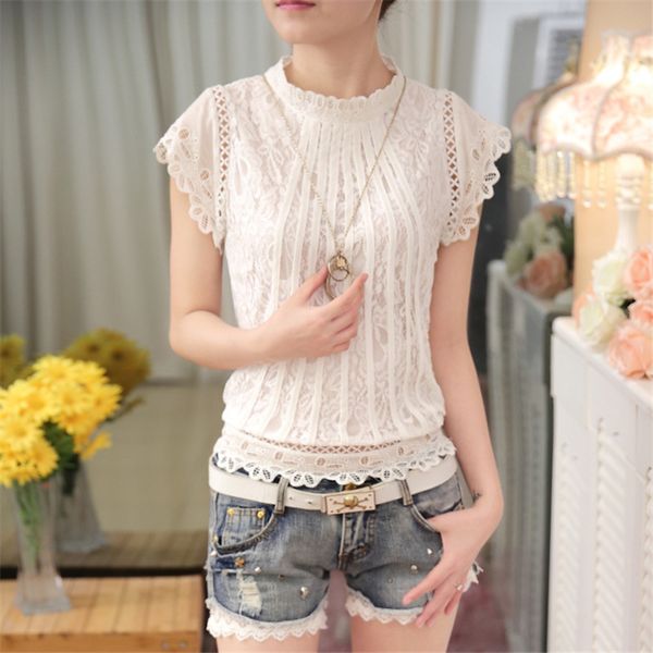 

summer korean slim lace stitching sleeveless chiffon arrival women hollow-out loose shirt blusa 820c 25 210415, White