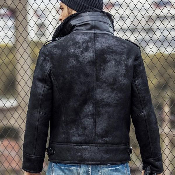 

mens shearling luxury real leather jacket winter warm military pilot outwear fur hooded moto biker short coat plus size men's & faux, Black