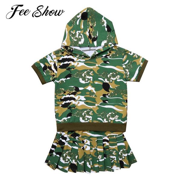

clothing sets kids girls summer clothes casual camouflage outfits short sleeves hooded pleated skirt 2pcs sport suit children set, White
