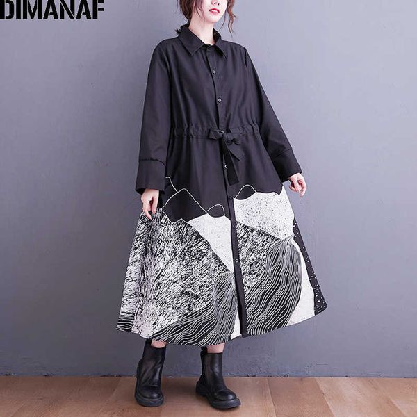 

plus size women dress shirt button cardigan long sleeve fashion print lady vestidos loose sashes spring clothing 210531, Black;gray
