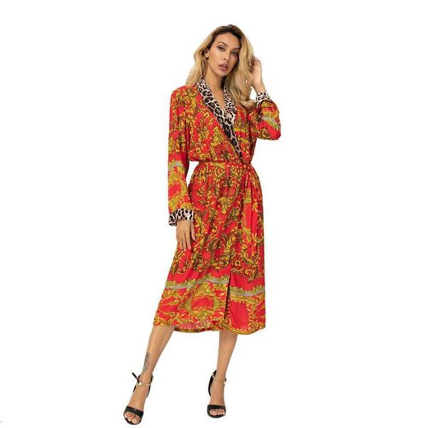 

2021 luxury party evening dress leisure long sleeve nightgown women's belt leopard stitched bathrobe, Black