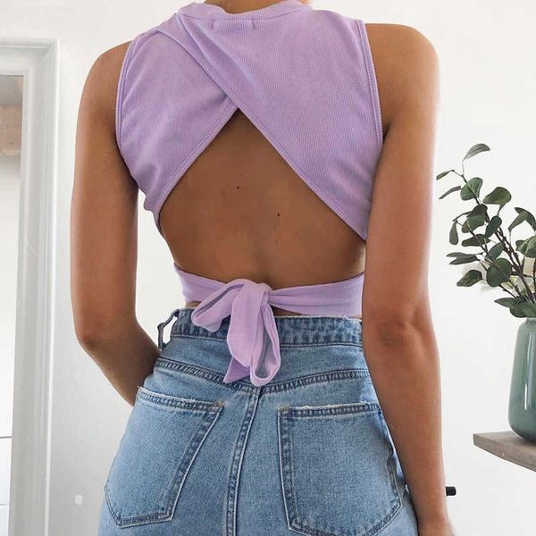 Sexy Backblob Crops Tops Back Bandage Ribbed Streetwear Thinated Slim Tank Tops Женщины Фиолетовая Черная Одежда Criss Cross Top Top Y0622
