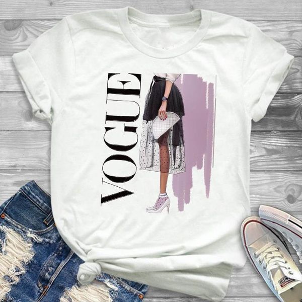 

elegant vogue printed women short sleeve loose tee clothes graphic, White