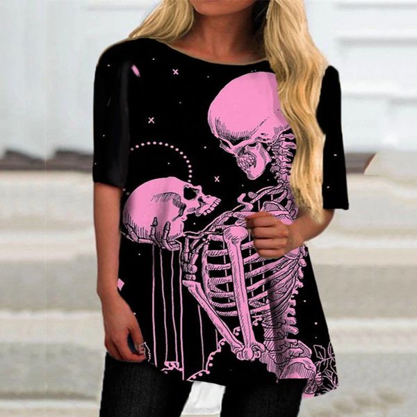 

ladies summer pure color t-shirt skull print half sleeve round neck turtleneck irregular fashion casual loose short sleeve 210515, White