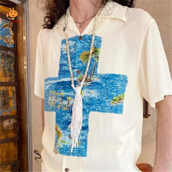 

men's casual shirts oversized kapital shirt men women 1:1 hawaiian surf cross print tees streetwear clothing, White;black