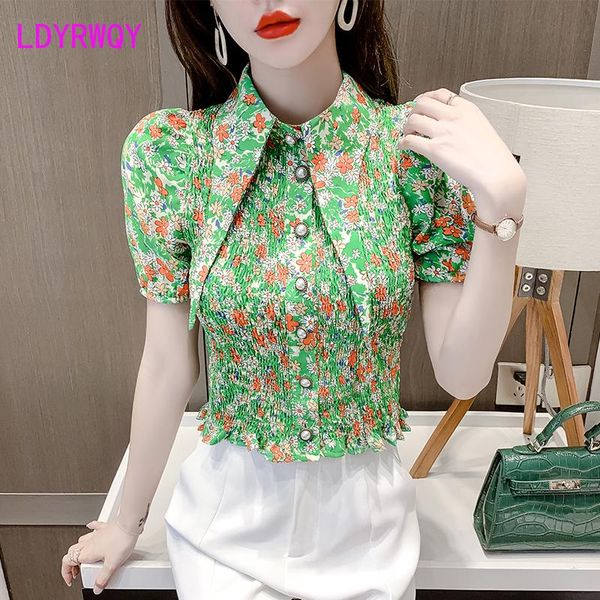 

women's blouses & shirts ldyrwqy floral summer korean style puff sleeve slim fashion single-breasted pleated temperament shirt polyeste, White