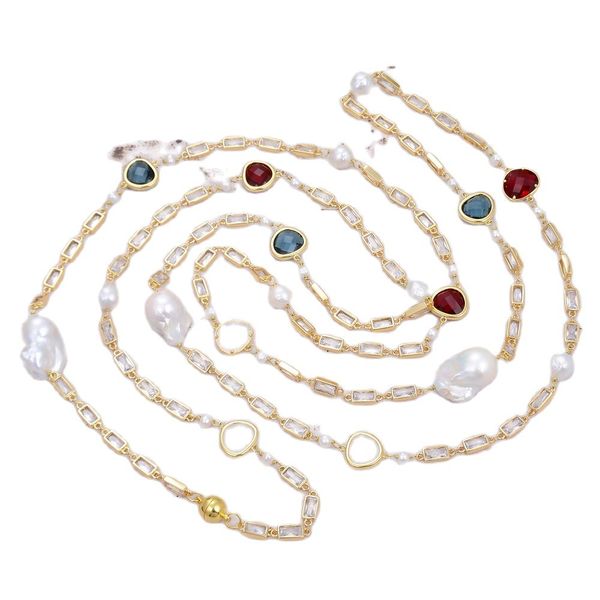 

guaiguai jewelry cultured white keshi pearl cubic zirconia pave gold plated chain long necklace handmade for women real gems stone lady fash, Silver