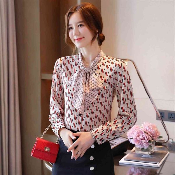 

autumn chiffon long sleeve korean womens blouses fashion print blusas, White