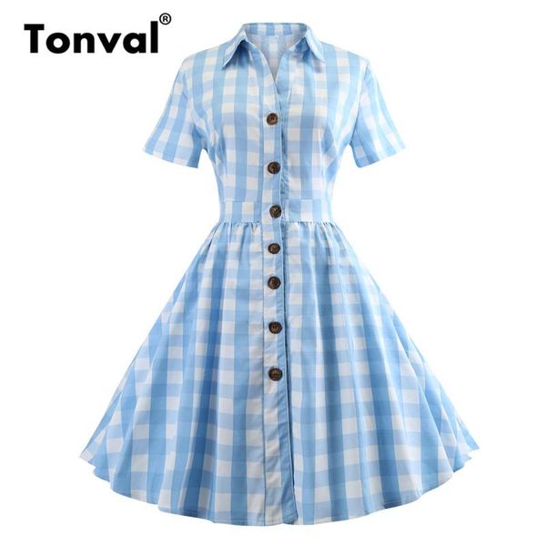 

casual dresses tonval a line cotton plaid vintage shirt dress turn down collar women blue office ladies bow, Black;gray